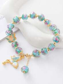 1 pieza Pulsera elegante de material de vidrio con cuentas con diseño de mariposa, diseño de moda adecuado para viajes, fotografía y regalo - Multicolor - Ver 3