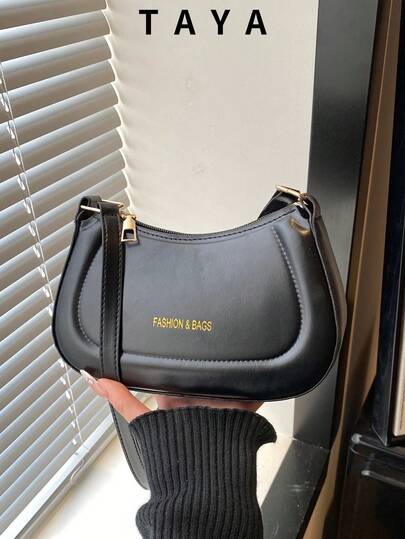 Nueva bolsa de silla de montar de moda retro, decoración con letras doradas, apertura con cremallera, minimalista y ligera, Body de unicolor, capacidad pequeña para hombro y debajo del brazo. Adecuada para la vida diaria de las mujeres, el transporte casual, la oficina y las estudiantes