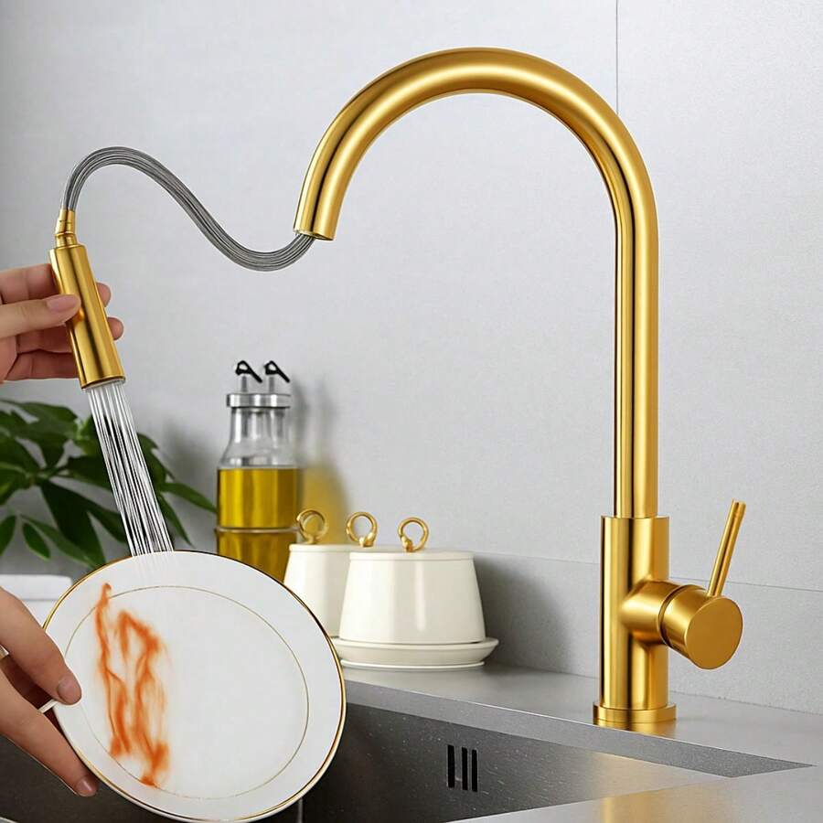 Modern And Elegant Single Lever Kitchen Faucet With Pull-Out Sprayer - Gold - View 1