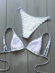 女款夏季海灘印花性感比基尼泳衣套裝 度假白色 - 白色 - 查看 3