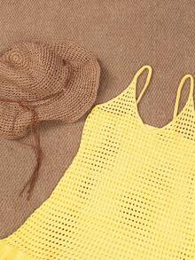 Yellow Casual Romantic Elegant Crochet V-Neck Hollow Out Knit Tank Dress, Suitable For Valentine's Day, Summer Holiday, Beach Cover-Up Spring - Yellow - View 8