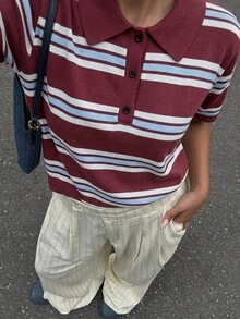 SEREN 夏季新款宽松休闲复古短袖 Polo 衫，女士针织条纹衬衫，夏季度假装 - 酒紅色 - 查看 8