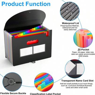 25 Pockets Expandable File Folder, A4 Size Portable Accordion Document Organizer, Waterproof PP Material, Suitable For School, Office, Home, Daily Bills And Tax Files Storage