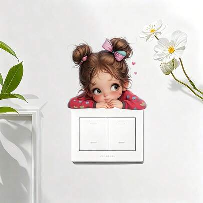 Bộ 1/2 miếng dán công tắc đèn hình bé gái "Bó hoa đuôi ngựa ló đầu", họa tiết Cottagecore ngộ nghĩnh, dễ thương cho phòng ngủ trẻ em, phòng trẻ sơ sinh, phòng bé gái, có thể bóc và dán dễ dàng, chủ đề nghệ thuật vui tươi.
