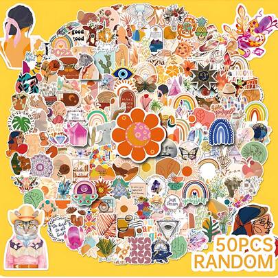 50 miếng dán phong cách Bohemian, decal vinyl chống thấm nước, thích hợp dán lên bình nước, laptop, họa tiết hoa lá, cầu vồng, phong cách Bohemian, những hình dán dễ thương cho sổ tay, album ảnh, dành cho bé gái.