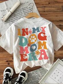 Camisetas de manga corta para mujer [Estampado de doble cara] Camiseta de manga corta con cuello redondo y estampado de letras y flores "In My Dog Mom Era" 100% algodón - Blanco - Ver 4