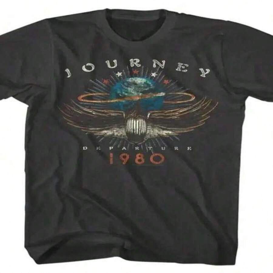 T-shirt avec l'artwork de l'album Journey 1980 - Graphique vintage d'un aigle et design cosmique, 100% coton doux, t-shirt unisexe à col rond décontracté pour hommes et femmes, vêtement de fan de musique, confort toutes saisons, t-shirt graphique rétro au confort ajusté, T-shirt Journey, tenues de vacances pour femmes, t-shirts pour hommes, vêtements Y2K, t-shirts graphiques, vêtements pour hommes, hauts d'été, tenue pour la fête des mères - Noir - Voir 1