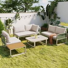 Garden Lounge Set (4-5 Seats), Green Rattan And Leather Garden Furniture Set, Modern Outdoor Sofa Set Including All Seat And Back Cushions, Set For Balcony, Garden And Terrace, Apricot - 杏色 - 查看 11