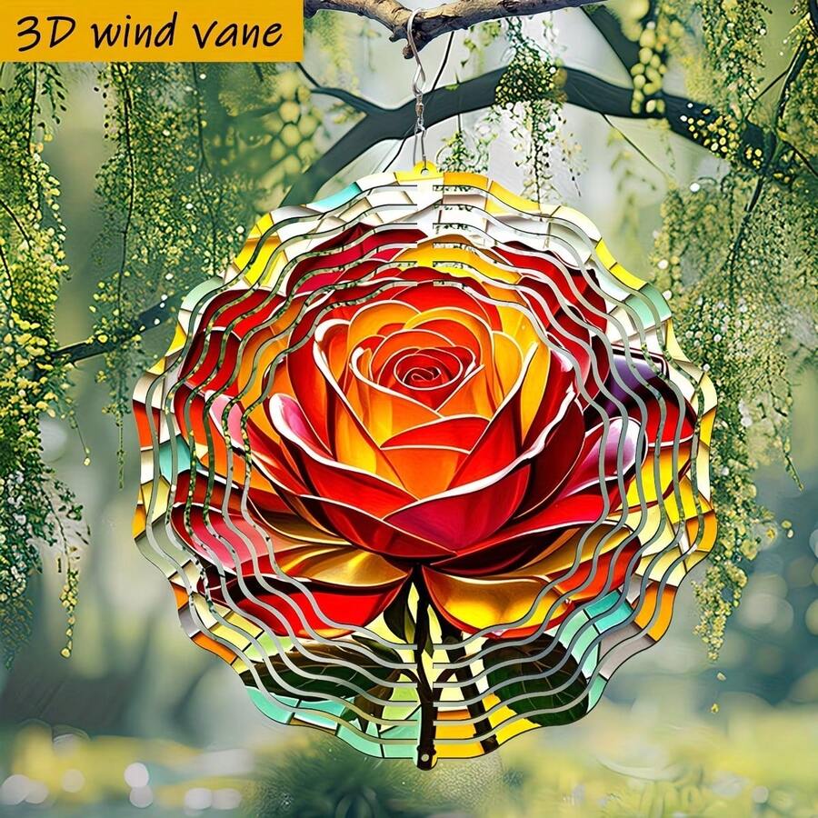 3D立体彩色玻璃玫瑰花摆件，尺寸25.5厘米/10英寸*25.5厘米/10英寸，带旋转挂钩，可360° DIY创意旋转装饰，随风旋转，安装简便，适用于各种节日送礼场合。