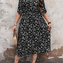 Plus Size Women Floral Print Round Neck Dress, Women Summer Outfit - Negro - Ver 5