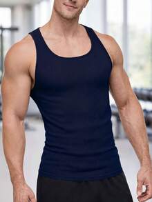 Áo ba lỗ thể thao nam ôm sát không tay, áo tank top thể hình tập gym - Màu xanh hải quân - Xem 3