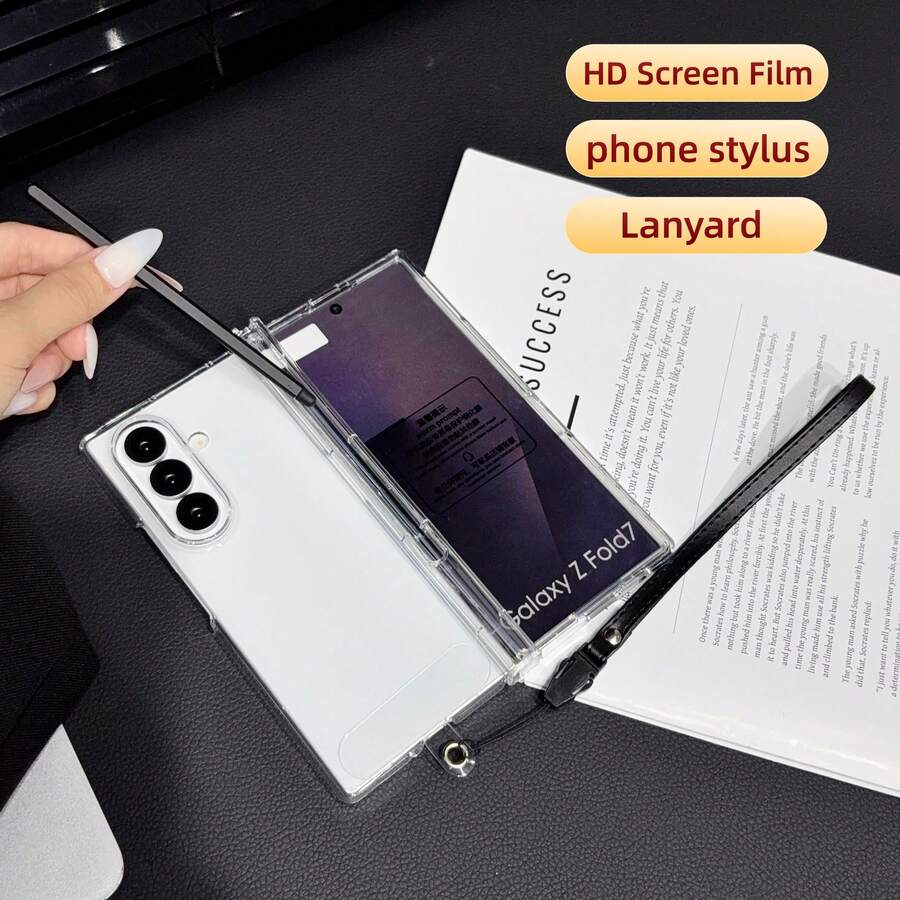 3pcs Clear Minimalist PC Foldable Case, Integrated Screen Film + Stylus + Lanyard, Hinge & Pen Slot Design, Full Wrap Anti-Drop Phone Cover Compatible With Samsung Galaxy Z Fold 7 6 5 4, Unisex