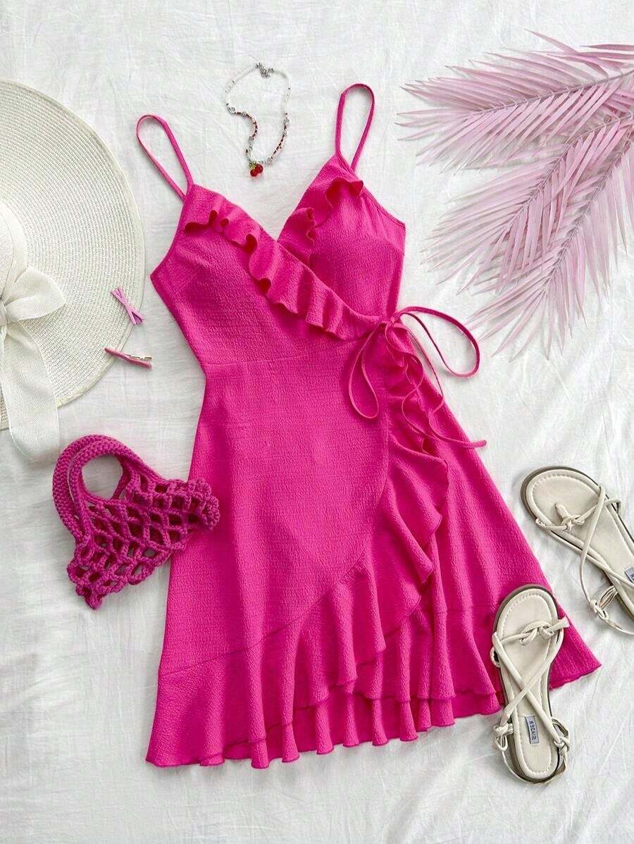 Summer Vacation Women's Leisure Rose Red Textured Fabric Waistband Ruffle Trim Wrap Knot Side A-Line Cami Dress,Summer Dresses For Women - 玫紅色 - 查看 1