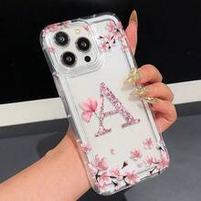 五合一花卉字母A图案保护壳套装：手机壳+充电头保护套+数据线保护套+收纳线，TPU防震全包手机壳，兼容苹果16、15、14、13、12、11 Pro Max - 彩色 - 查看 3