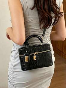 Nuova borsa a mano con stampa coccodrillo, borsa a manico superiore di ispirazione di lusso con accessori color oro, portafoglio in pelle PU versatile per occasioni quotidiane e formali delle donne - nero - Visualizzare 4