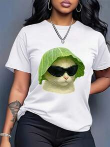Camiseta Holgada de Cuello Redondo para Mujer de Talla Grande - Diseño de Gato y Repollo, Transpirable, Informal para Verano, Sencilla, Elegante, Cómoda para Todas las Temporadas. Camisetas Gráficas de Verano para Mujer, Camiseta Casual Estampada de Manga Corta y Cuello Redondo, Moda Urbana Local de Primavera/Verano. - Blanco - Ver 1