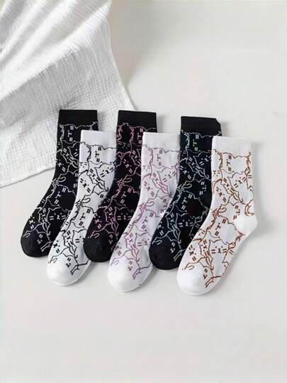 6 Pairs Random Cartoon Thin Socks, Japanese/Korean Style Minimalist Cat Pattern, Breathable Mid-Calf Socks For Students