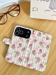 1pc Fashion Pink & White Striped Rose Pattern Full Coverage Classic Anti-Drop High-Quality PU Leather Flip Phone Case With Folding Stand For Watching TV/Videos, Card Slots, Detachable Lanyard, Suitable As Birthday/Holiday Gift For Friends, Family, Couples, Fits 17/17 Air/17 Pro/17 Pro Max/16/16 Plus/16 Pro/16 Pro Max/15/15 Plus/15 Pro/13/14/12/11 - Multicolor - View 1