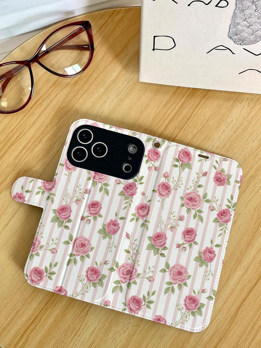 1pc Fashion Pink & White Striped Rose Pattern Full Coverage Classic Anti-Drop High-Quality PU Leather Flip Phone Case With Folding Stand For Watching TV/Videos, Card Slots, Detachable Lanyard, Suitable As Birthday/Holiday Gift For Friends, Family, Couples, Fits 17/17 Air/17 Pro/17 Pro Max/16/16 Plus/16 Pro/16 Pro Max/15/15 Plus/15 Pro/13/14/12/11 - Multicolor - View 1