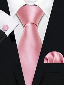 Men's Solid Color Necktie Set, Includes 8cm Necktie, Pocket Square, Cufflinks, Suitable For Business, Formal Occasions, Weddings And Parties - Baby Pink - View 3