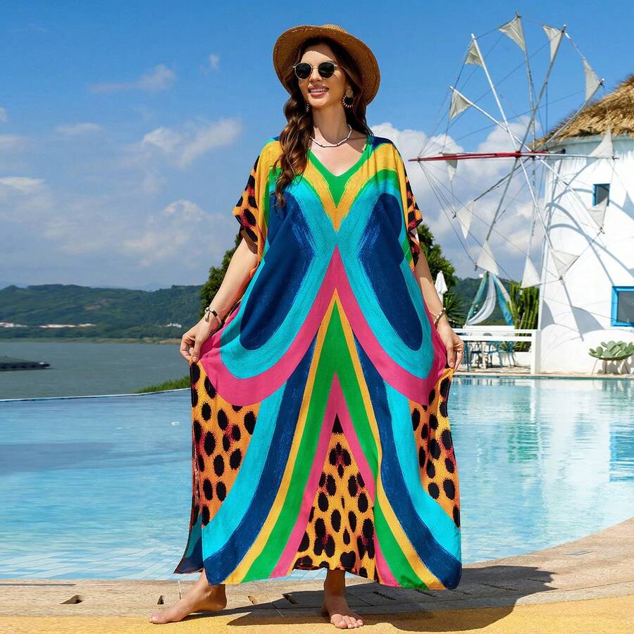 Beach Cover-Up With Patterned Print, Vacation Beach Cover-Up For Women - F1201-1 Abstract Butterfly Leopard Print - View 1