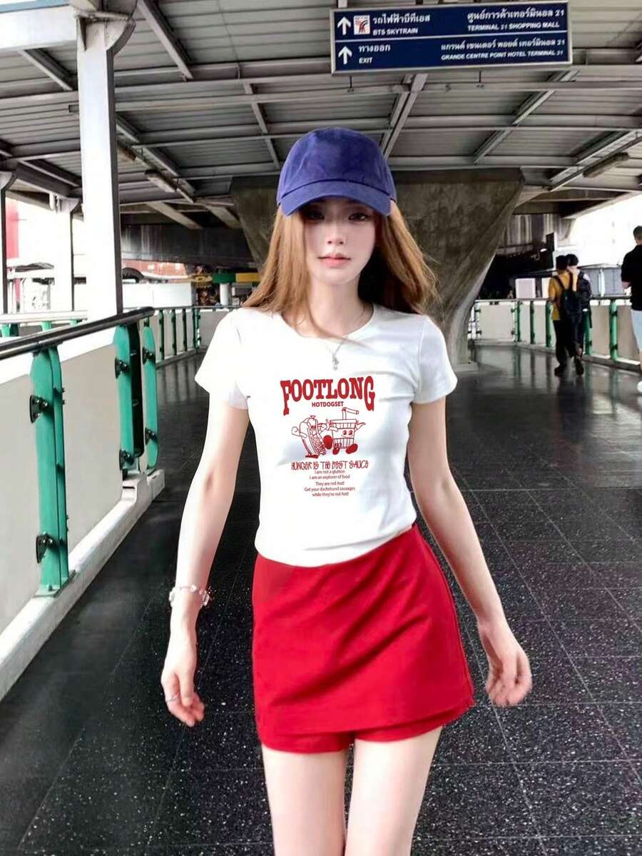女士夏季百搭白色休闲多功能短款性感图案字母卡通印花T恤 - 白色 - 查看 1