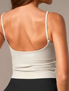 TimeOff 1件女款素色細肩帶露背內墊胸墊運動背心 - 米色 - 查看 3