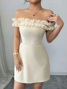 Vestido corto para mujer, color crema, hombros al descubierto con volantes, estilo elegante y romántico - Verde Oscuro 2 - Ver 10