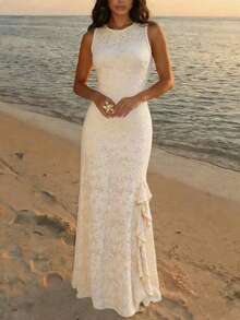 Solid Color Elegant Floral Pattern Jacquard Asymmetrical Ruffle Neck Beach Vacation Dress Summer - Yellow - View 2