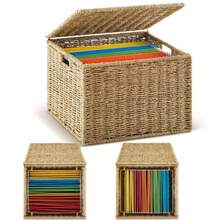 Jingmore Caja de Almacenamiento de Archivos Decorativa con Tapa Organizador de Archivos Colgantes de Hierba Marina para Archivos Tamaño Carta y Legal Caja de Almacenamiento de Documentos Plegable - Marrón - Ver 9