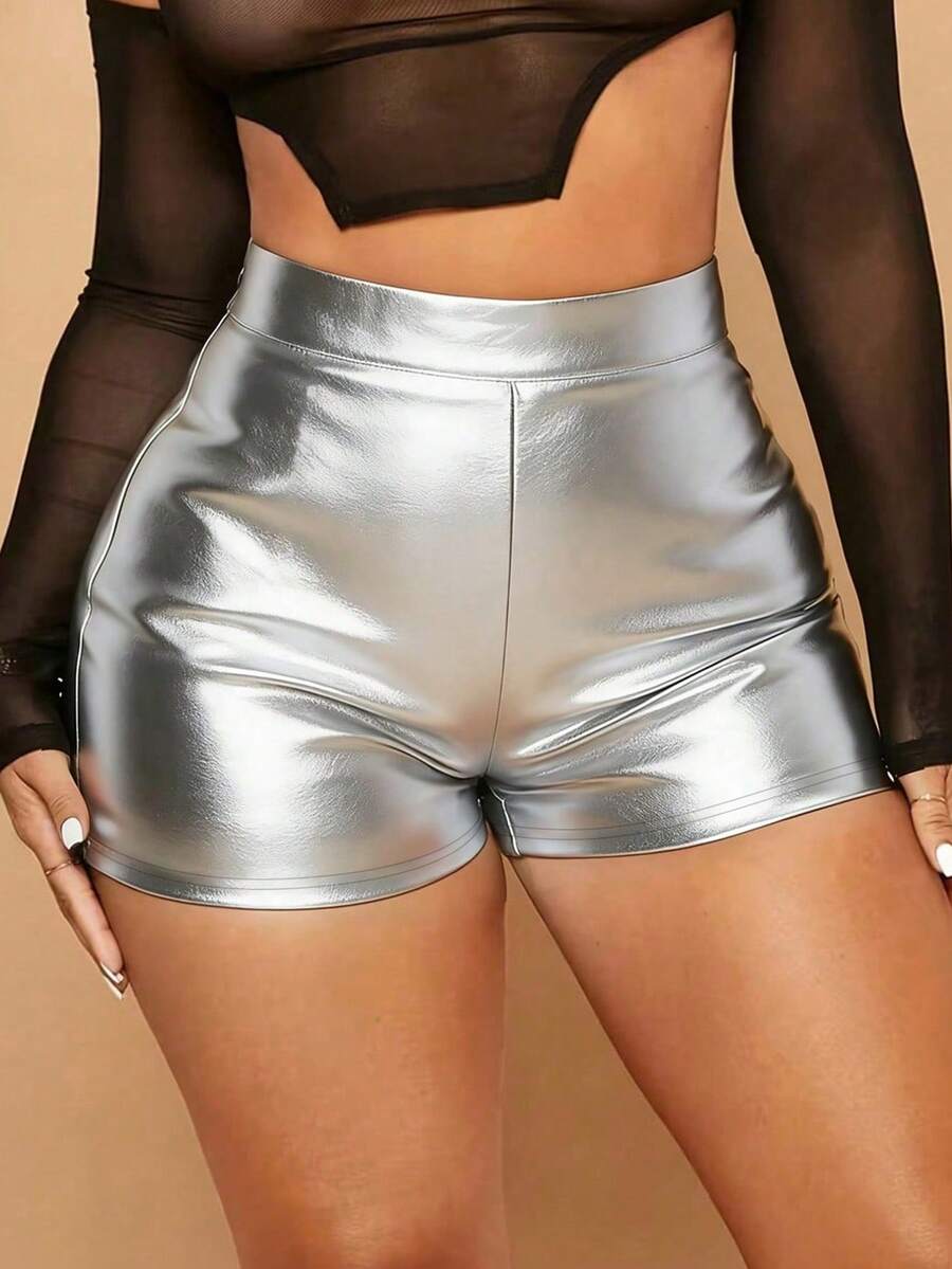 Women's Fashionable High Waist Pleated Faux Leather Shorts, High Elasticity Club Wear Shorts For Summer - Silver - View 1