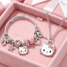 2件/組 Sanrio Hello Kitty 卡通項鍊與手鍊派對禮物首飾，鋅合金手鍊鑲嵌閃亮水晶，適合日常配戴與送禮 - KT - 查看 14