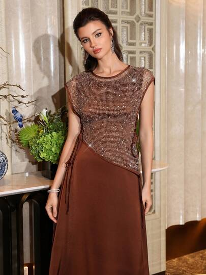 Elegant Women's Round Neck Sequin Patchwork Solid Color Hooded Sleeve Sleeveless Dress, Side Tie Detail, Asymmetric Soft Top; 2-Piece Brown Dress Set