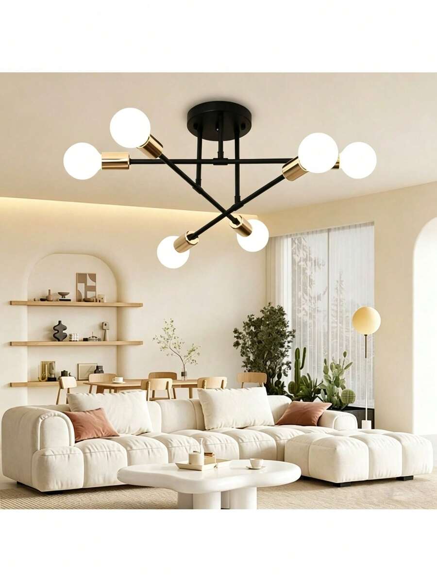 Modern Ceiling Lamp, Simple Six-Light Chandelier, Suitable For Living Room, Dining Room, Kitchen And Office (Bulb Not Included) - Black and Gold - View 1