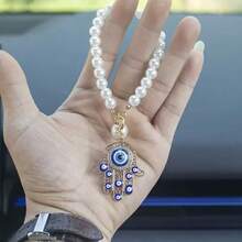 1pc/2pcs Evil Eye Hamsa Hand Car Pendant With Pearl Chain. Durable Material, Symbolizes Protection And Luck. Easy To Hang, Universal For Most Cars, Nice Decor And Gift. - Multicolor - View 11