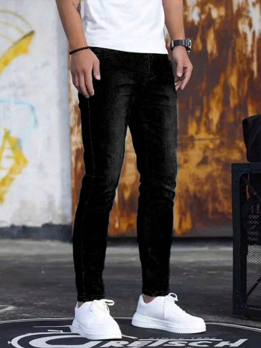 1pc Men's Black Slim Fit Stretchy Casual Breathable Pocketed Jogger Pants, Suitable For Urban Walking, Parent-Child Outdoor Activities, All Seasons - Black - View 1