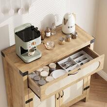 Rattan Sideboard Buffet Cabinets With Storage, Buffet With Drawer, Adjustable Shelves, - Wood Color - View 3