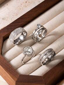 Set de 4 anillos de mujer de acero inoxidable, con diseño de cristal rhinestone / números romanos / doble capa con brillo, anillos de dedo versátiles y de lujo - Plateado - Ver 7