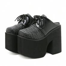 Gdgydh Mules pour femmes à lacets à talons hauts Talons épais Chaussures à talon compensé avec avant-pied surélevé Chaussures à talons compensés Sandales d'été Chaussures de cosplay - Noir - Voir 16