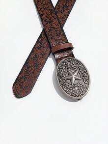 1条女士复古棕色花卉图案PU皮革腰带，配雕花金属扣，西部风格，适合通勤。 - 卡其色 - 查看 3