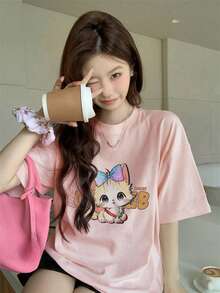Japanese Style Women's Loose Casual Round Neck Versatile Bow Tie Cartoon Cat Print Short Sleeve T-Shirt, Spring/Summer Pink - Pink - View 2