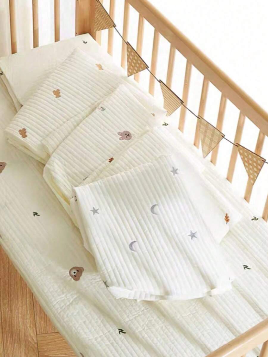 1 bộ ga trải giường cũi chần bông họa tiết gấu con và trăng, thích hợp cho gia đình và du lịch, mùa thu/đông (39.37*23.62) inch, (47.24*23.62) inch, (51.96*28.34) inch - Nhiều màu - Xem 1