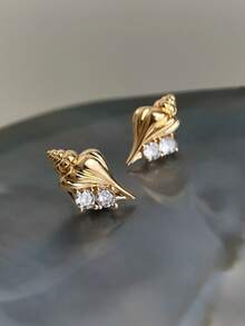 1 Đôi bông tai đính vỏ sò mạ vàng 14K, đá Zirconia, trang sức mùa hè mới - Vàng - Xem 3
