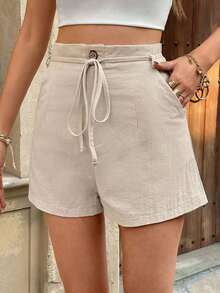 Pantalones Cortos Casuales con Cintura Alta, Material de Lino y Diseño Ajustado, Perfecto para Look de Verano y Eventos al Aire Libre - Albaricoque - Ver 6