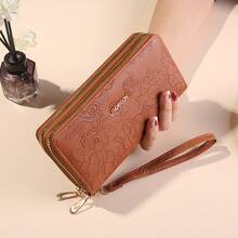 Women's Double Zipper Long Wallet, Fashionable And Simple, Large Capacity, Double Layer Purse, Phone Bag - Brown - View 10