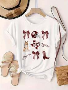 Texas A&M Aggies Football Dog Boots Bow Women's Fashionable Print Casual T-Shirt Suitable For All Seasons  
 -White - trắng - Xem 2