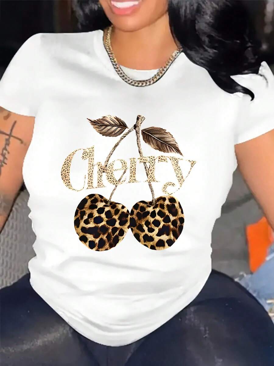 Camiseta de Moda para Mujer, Talla, Estampado de Leopardo y Cerezas, Cuello Redondo Cómodo, Lavable aáquina, Adecuada para Todas las Estaciones - Blanco - Ver 1