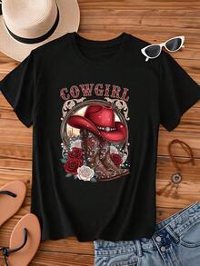 Cowgirl Hat, Boots, Roses, Summer Short-Sleeved T-Shirt - Black - View 2