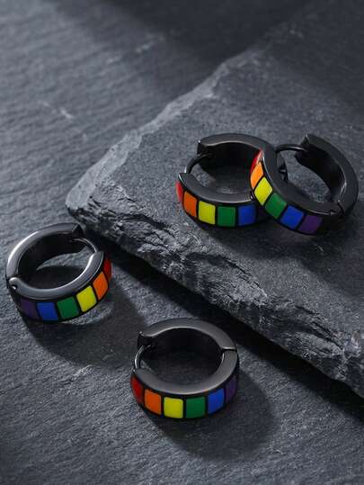 1 pieza Pendiente de aro arcoíris minimalista de acero inoxidable, joyería unisex de color negro, mes del orgullo