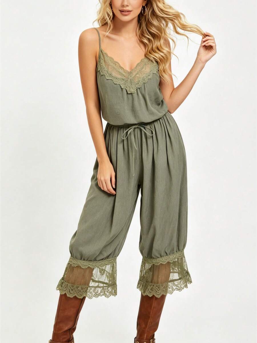 Sleeveless Jumpsuit For Women V Neck Adjustable Spaghetti Strap Lace Patchwork Romper With Wide Leg - Army Green - View 1